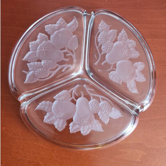 Imperial Glass Company Blackberries Pears Crystal  Frosted Glass 3 Section Tray - Picture 3 of 3